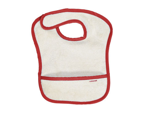 Baby-Lätzchen aus Frottier Bio-Baumwolle in Rot/Natur mit Klettverschluss und Auffangtasche