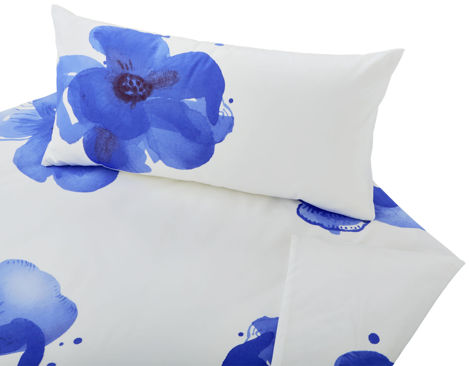 Bio-Bettwäsche Garnitur blaues Blumenmuster auf Weißem Baumwollsatin