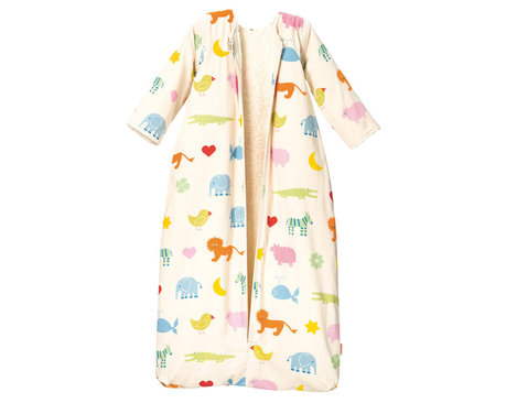 Bio Schlafsack mit langen und abnehmbaren Ärmeln und Reißverschluss für Kinder mit bunten Tiermotiven