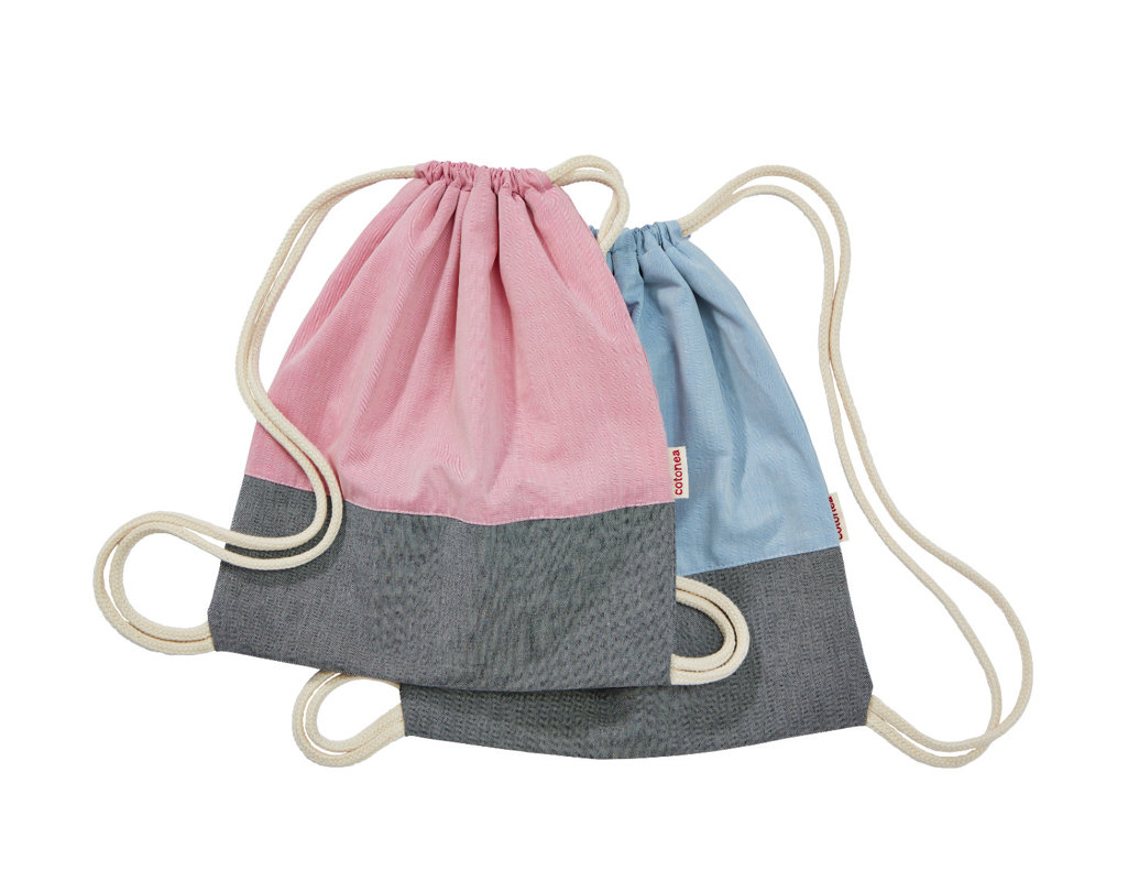 Stoffturnbeutel aus Bio-Baumwolle für Kinder Kollektion in Rosa und Hellblau übereinander gelegt